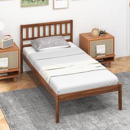 Gymax - Twin Platform Bed with Headboard Solid Wood Leg Mattress Foundation - Walnut