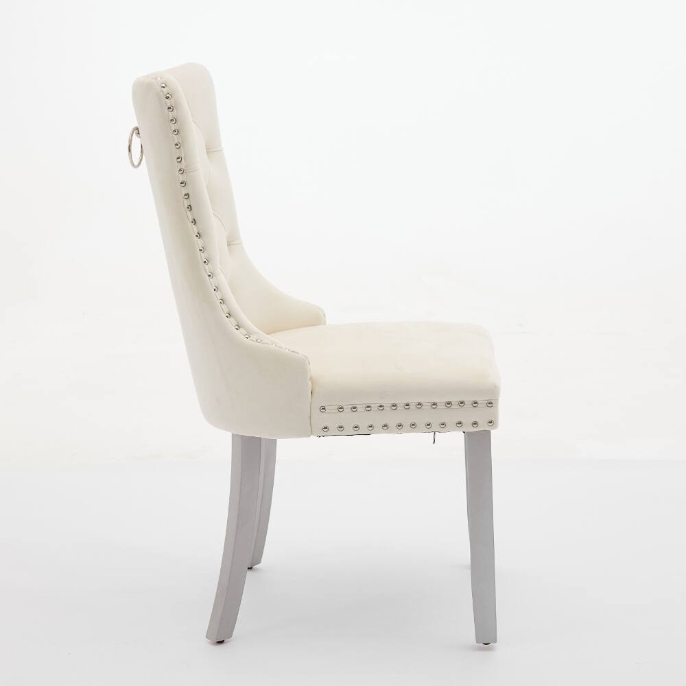 Back. Loheer - Loheer Velvet Dining Chairs Set of 2 Tufted Solid Wood Mid-Century Modern Upholstered Milky White - Milky White.