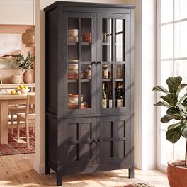 Aheaplus - 63'' Tall Farmhouse 4-Door Pantry Cabinet with Adjustable Shelve and Glass Doors - Black