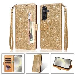 Dteck - for Samsung Galaxy A26 Glitter PU Leather Phone Case,Shockproof Folio Flip Wallet Cover with Zipper Pocket & Lanyard - Gold