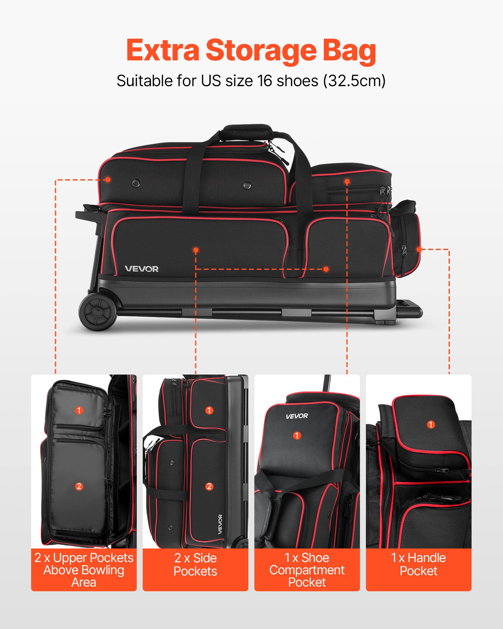 Extra Storage Bag Suitable for US size 16 shoes (32.5cm) VEVOR

- 2 X Upper Pockets Above Bowling Area
- 2 X Side Pockets
- 1 X Shoe Compartment Pocket
- 1 X Handle Pocket