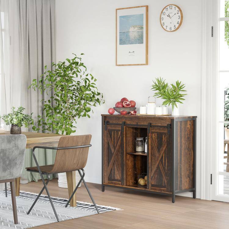 Alt View 2. PULUZ - Industrial Sideboard Buffet Cabinet, Coffee Bar Cabinet, Kitchen Cabinet with Sliding Barn Doors - Rustic Brown.
