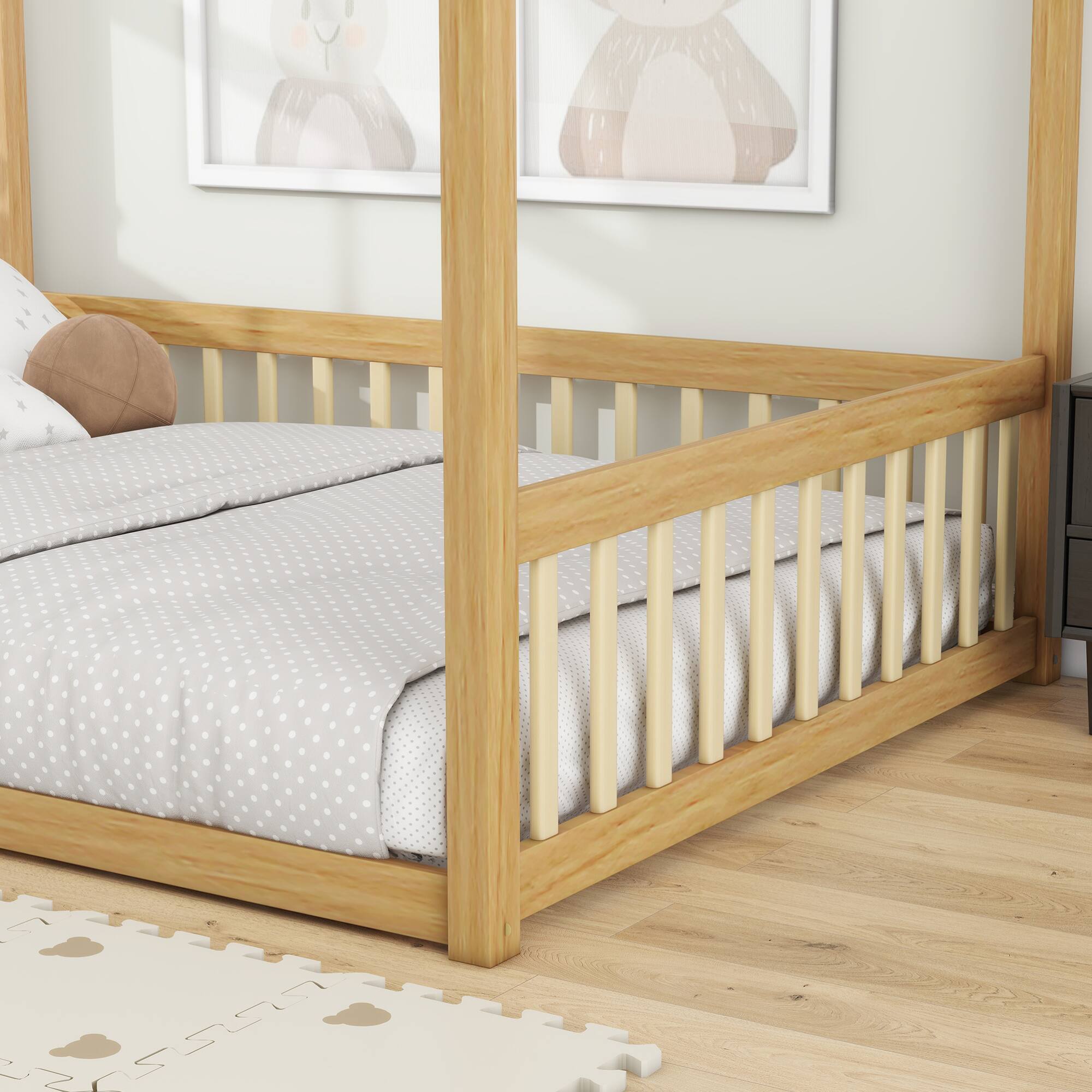 Alt View 4. GOODSILO - Full Size Canopy Frame Floor Bed with Safety Guardrails - Natural.