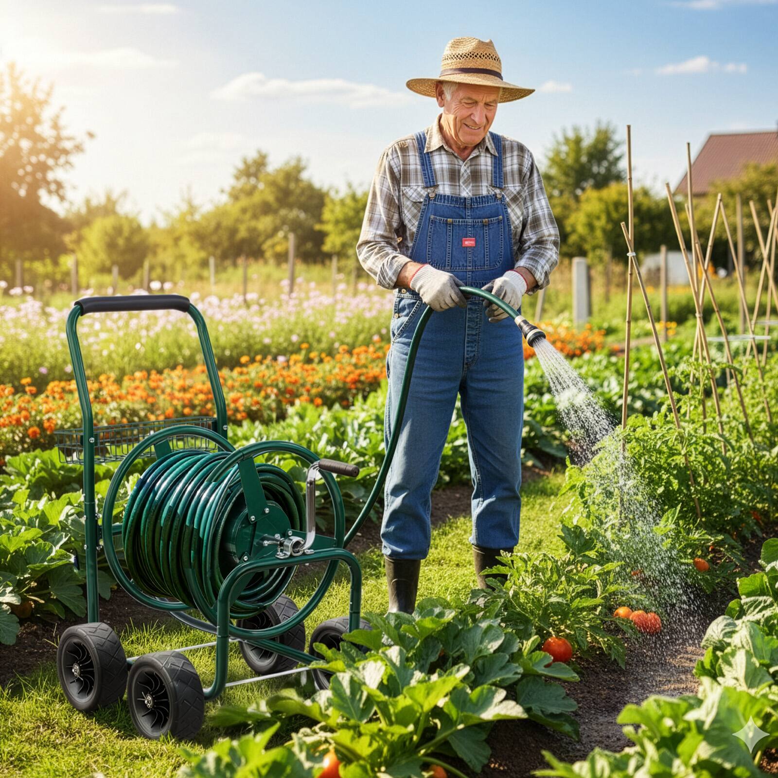 Angle. Winado - 250 FT Duty Hose Reel Cart, 4 PU Wheel Garden Storage Cart Holds up to 250 ft of 5/8 Inch water hose, storage basket.