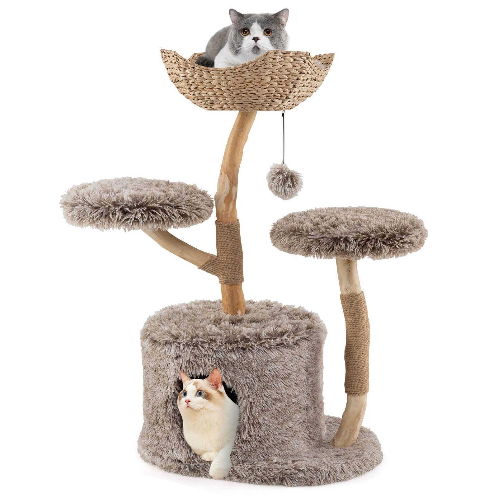 Costway - Solid Wood Cat Tree with Well-woven Cattail Basket Luxury Condo Scratching Posts - Brown