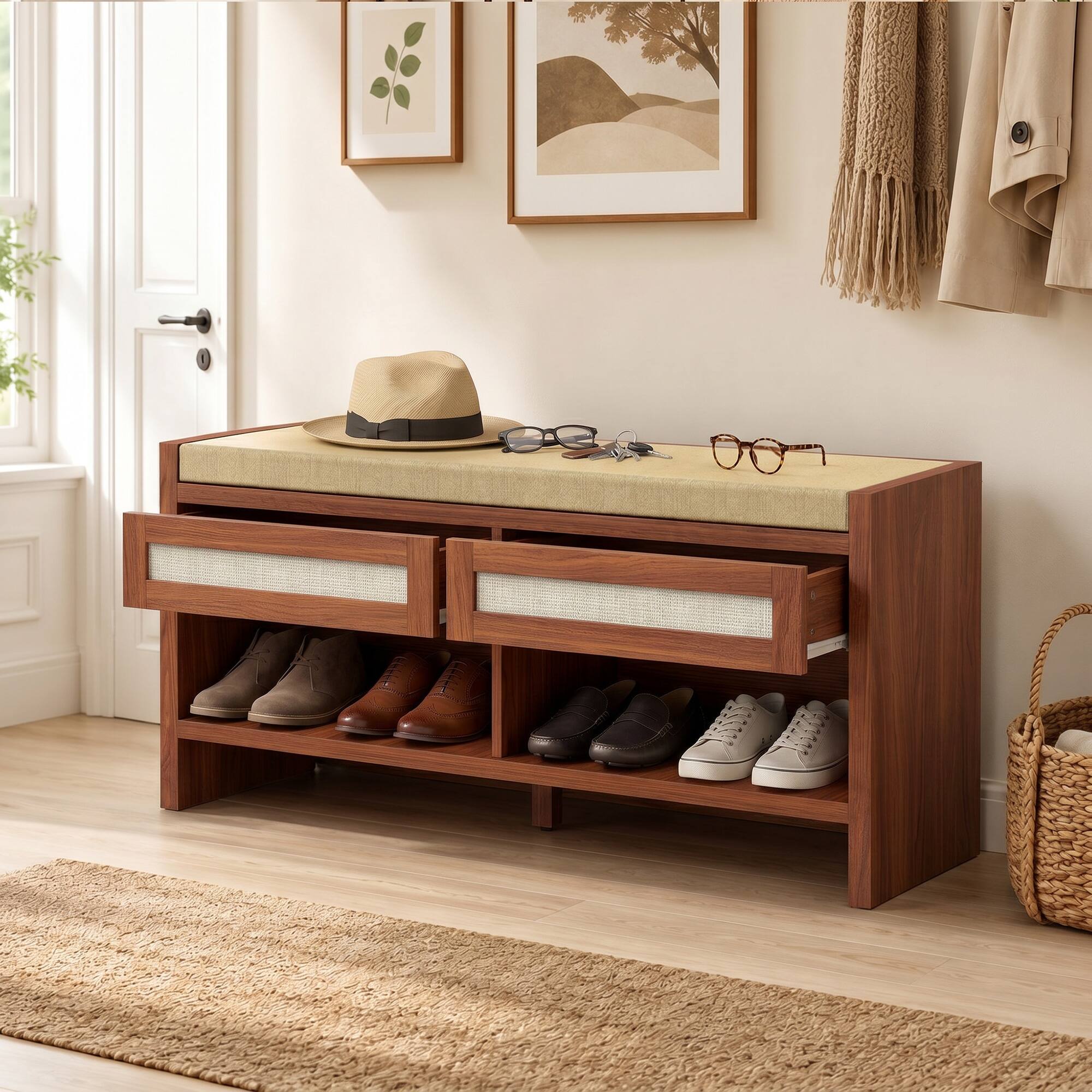 Alt View 7. Homcom - Bench with Cushioned Seat Shoe Storage Bench with 2 Rattan Drawers and Open Shelf - Brown.
