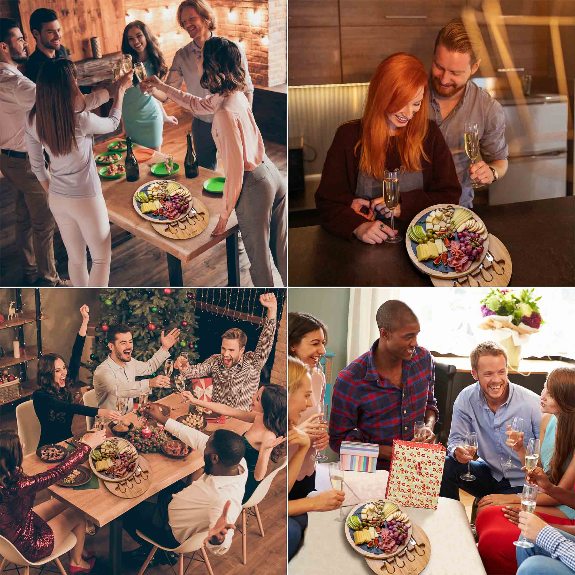 Alt View 1. BlauKe - Round Bamboo Cheese Board with Knife Set and Removable Slate - 12 inch Swiveling Charcuterie Board - Beige.