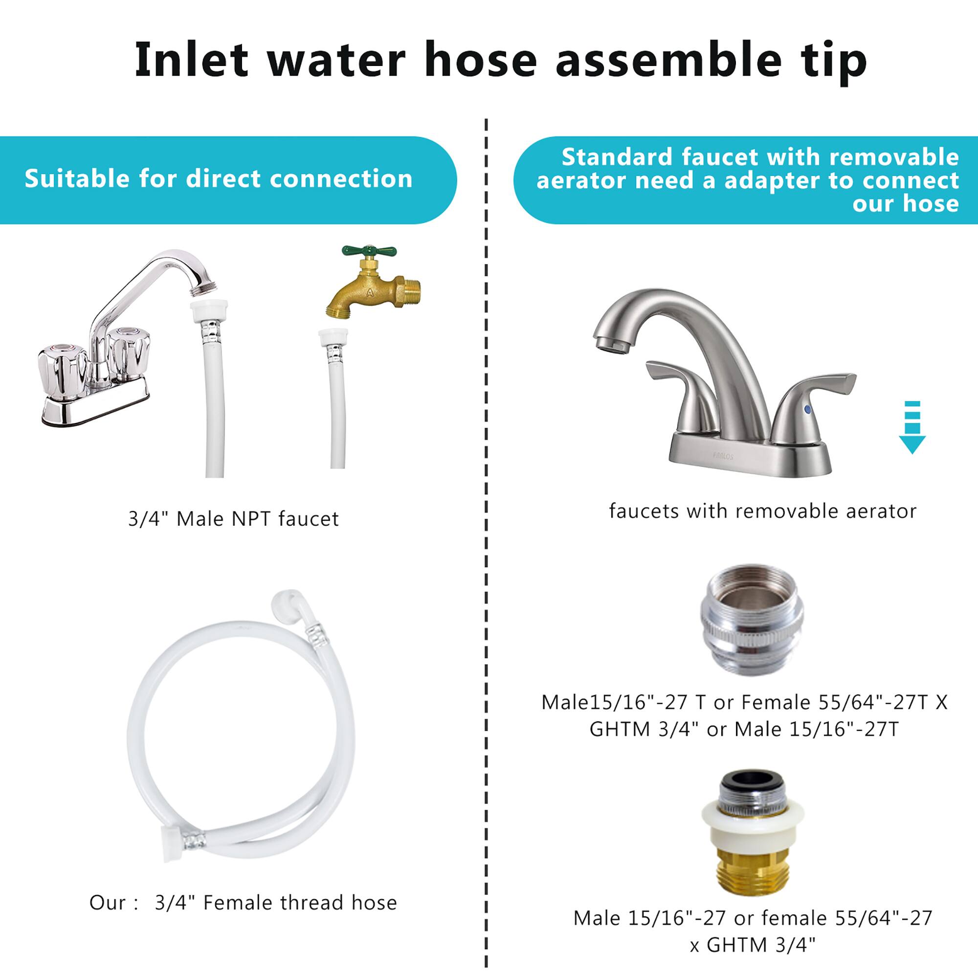 Inlet water hose assemble tip: Suitable for direct connection. Standard faucet with removable aerator. Need a adapter to connect our hose.

Male NPT faucet: 3/4" Male NPT faucet. Faucets with removable aerator. Male 15/16"-27T or Female 55/64"-27T.

Our - 3/4" Female thread hose: Male 15/16"-27T or female 55/64"-27 x GHTM 3/4".