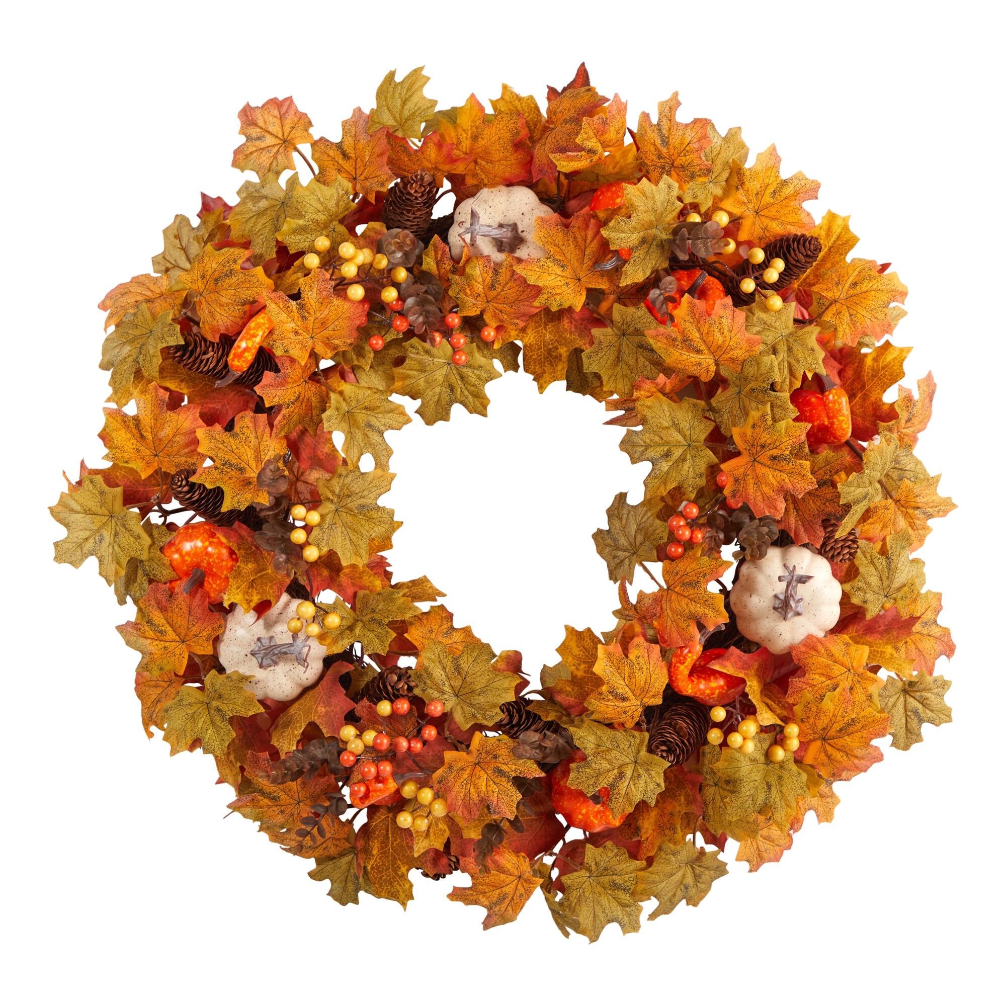 Front. BreeBe - 30” Autumn Pumpkin and Maple Leaf Artificial Fall Wreath - Multi.