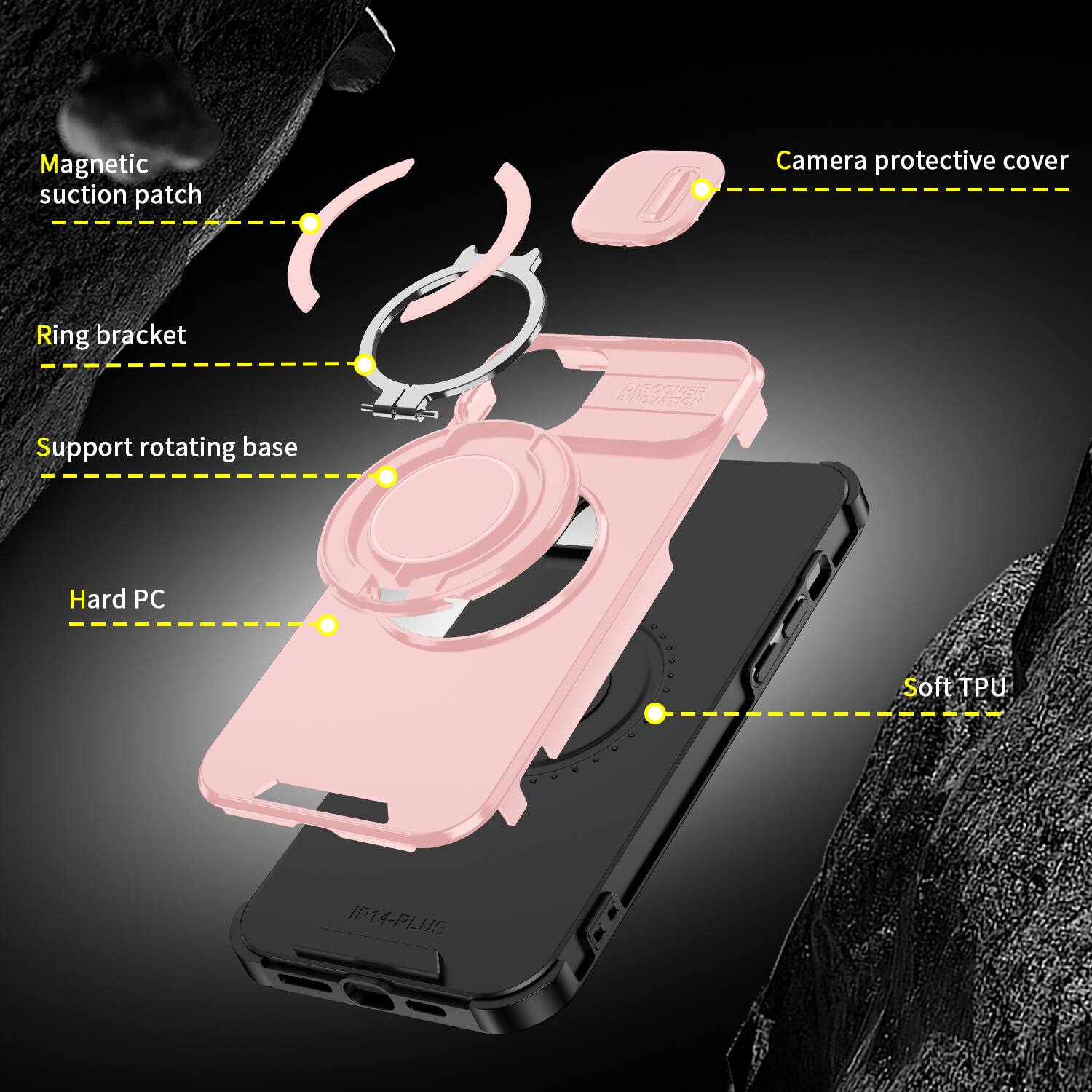 Magnetic suction patch  
Camera protective cover  
Ring bracket  
Support rotating base  
Hard PC  
Soft TPU  
IP14-PLUS
