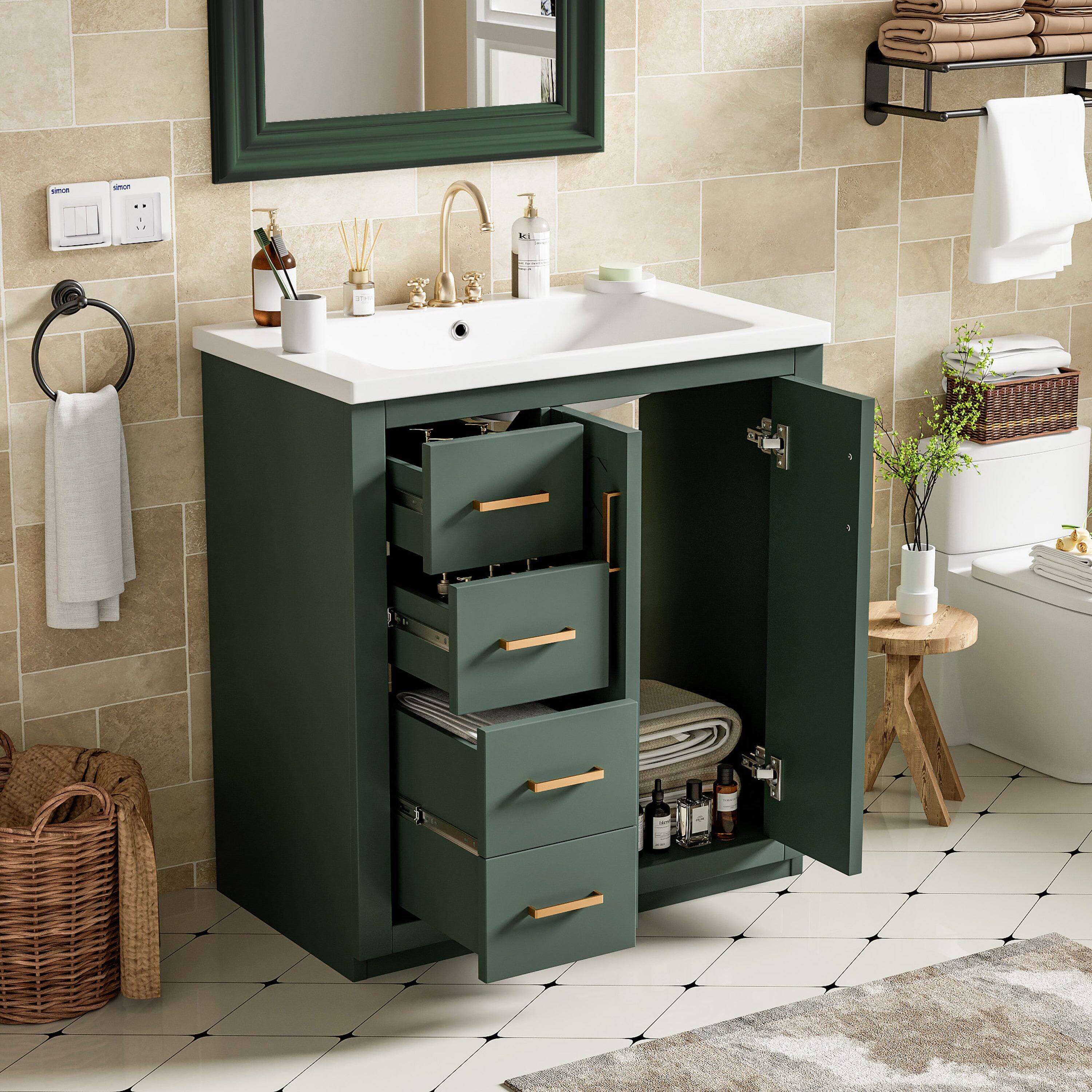 Alt View 2. Boyel Living - 30 Inch Bathroom Vanity Green with Ceramic Sink Solid Wood Frame 3 Drawers 1 Cabinet - Green.
