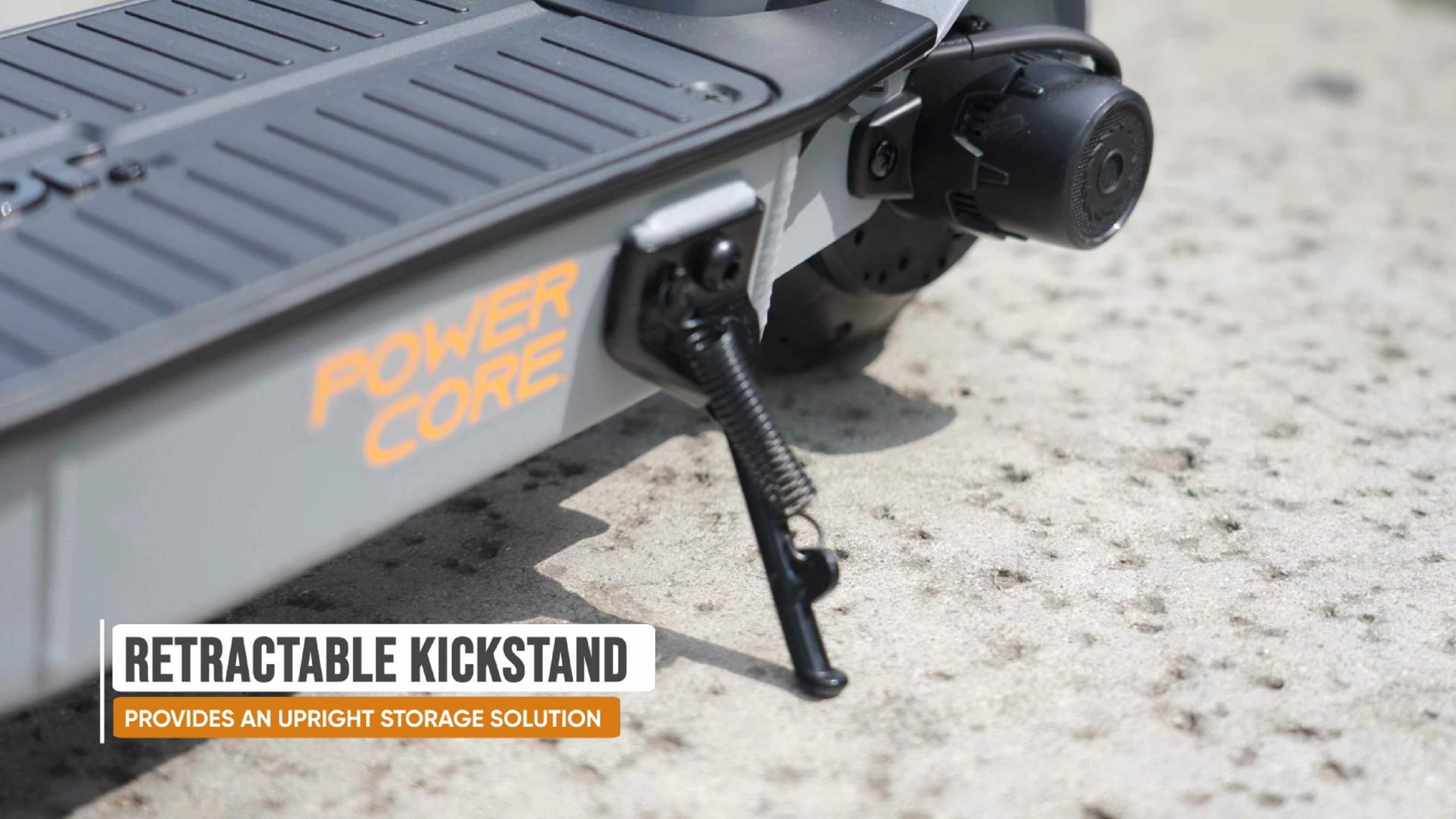 The text on the image reads: "Power Core Retractable Kickstand provides an upright storage solution."