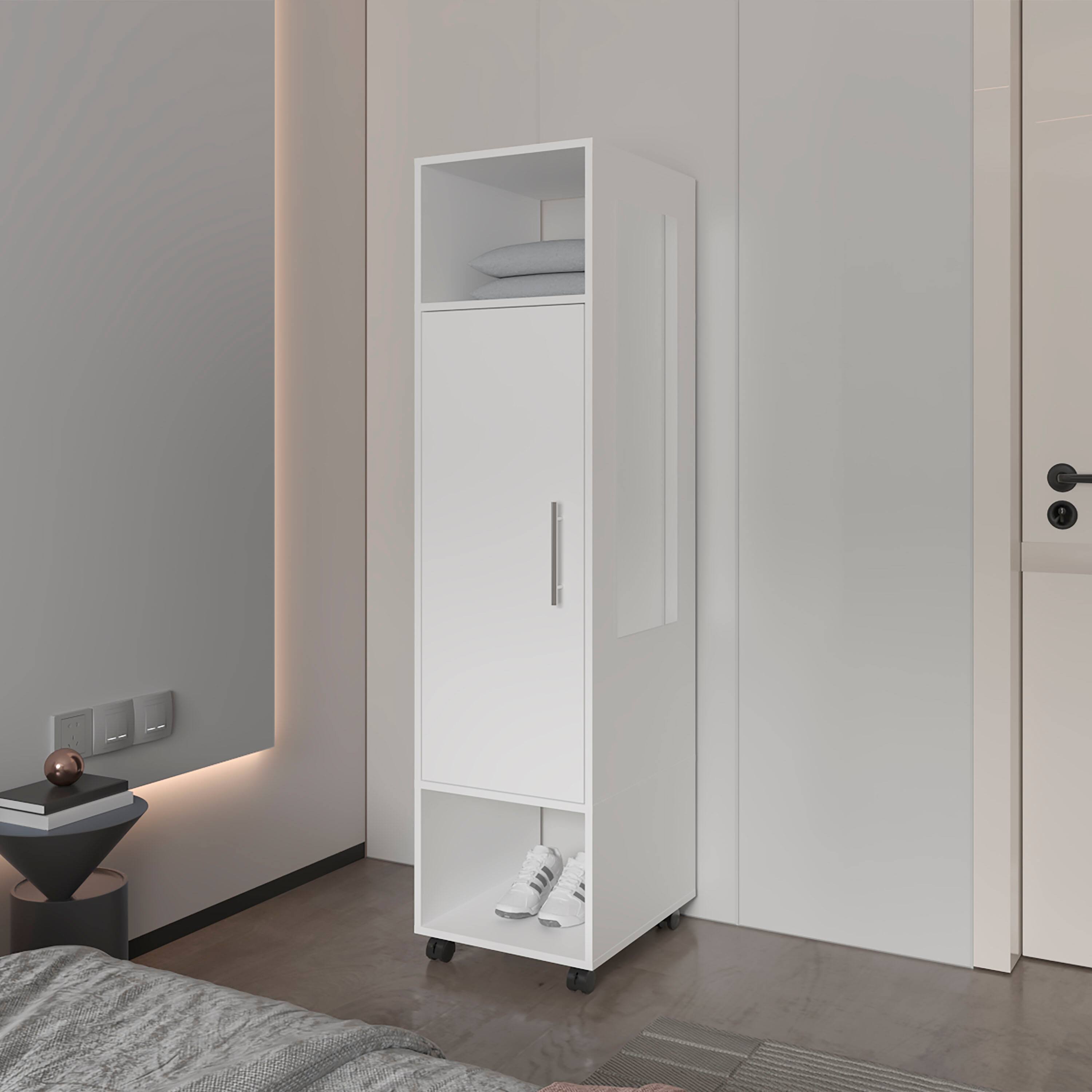 Front. TinyHomie - Summit Wardrobe in melamine with mirror door and open storage - White.