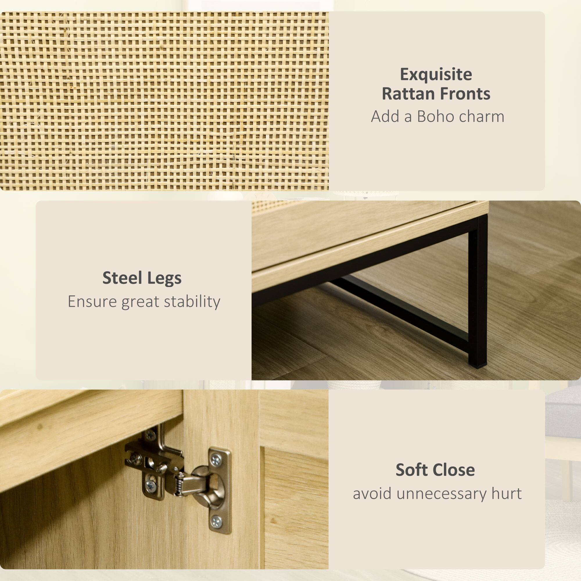 Exquisite Rattan Fronts Add a Boho charm, Steel Legs Ensure great stability, Soft Close avoid unnecessary hurt