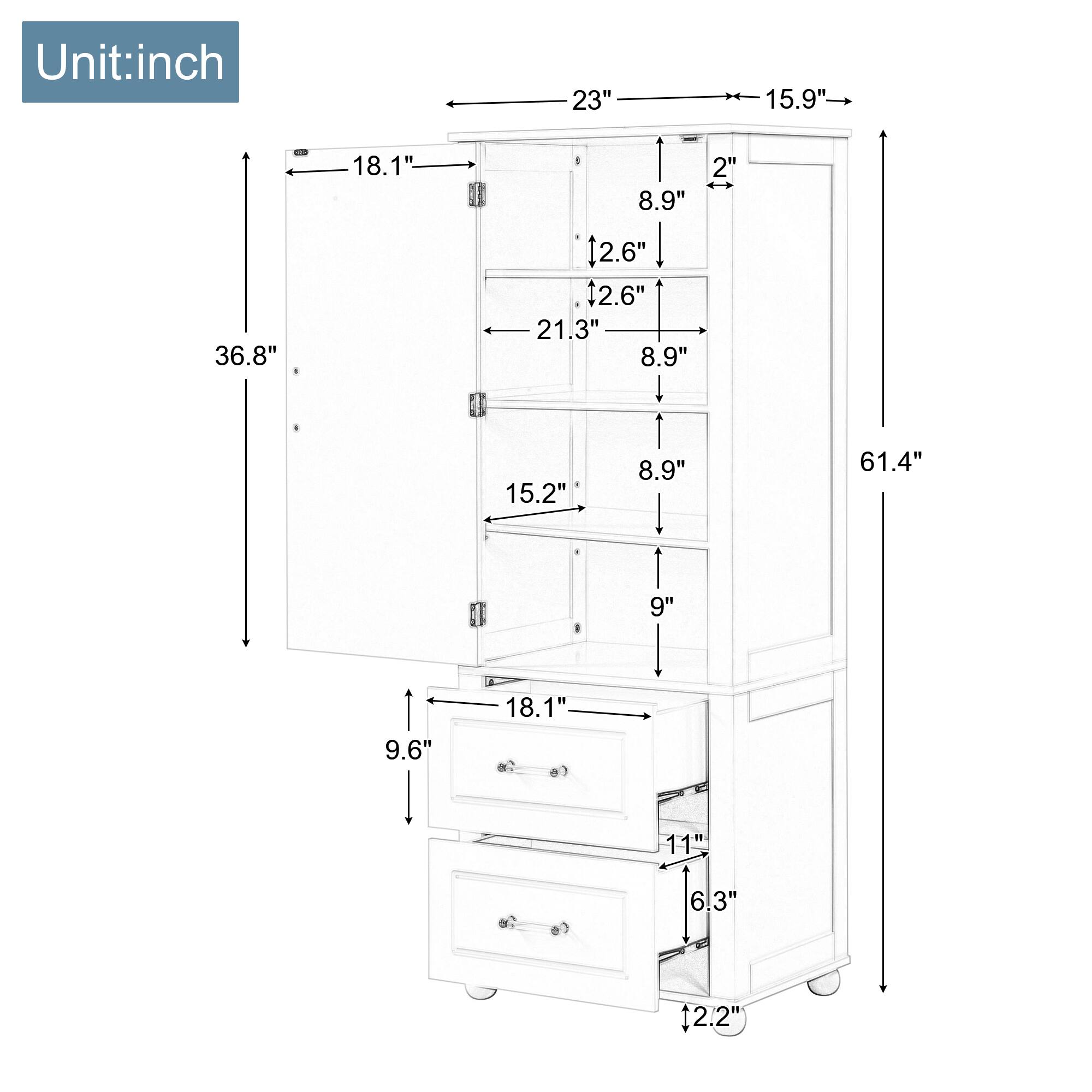 Unit: inch

- 23"
- 15.9"
- 36.8"
- 18.1"
- 8.9"
- 2.6"
- 2.6"
- 21.3"
- 8.9"
- 2"
- 15.2"
- 8.9"
- 61.4"
- 9"
- 9.6"
- 18.1"
- 11"
- 6.3"
- 12.2"
- 2.2"