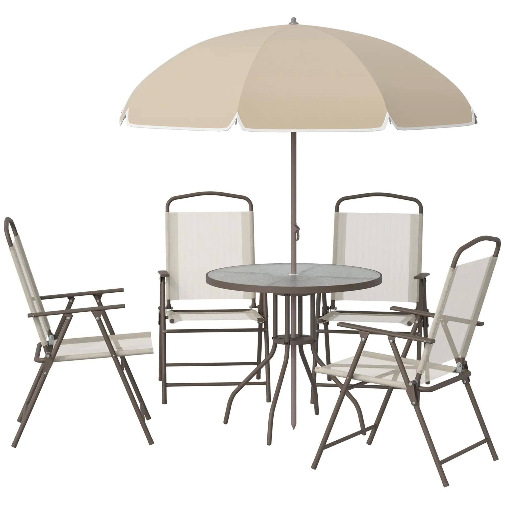 Left. Resenkos - Resenkos 6 Pieces Patio Dining Set, Four Chairs, A Round Glass Table, Umbrella, Steel, Mesh, Glass, Beige - Beige.