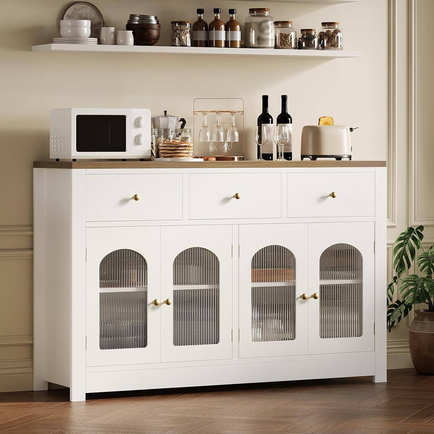 Front. Acekool - Farmhouse 55" Buffet Sideboard Cabinet, 4 Doors, 3 Drawers, Adjustable Shelves, White Kitchen Storage - White.