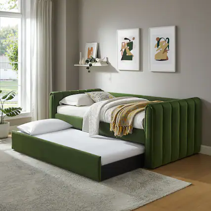 Front. Modway - Veyla Channel Tufted Performance Velvet Twin Daybed With Trundle by Modway - Moss Green.