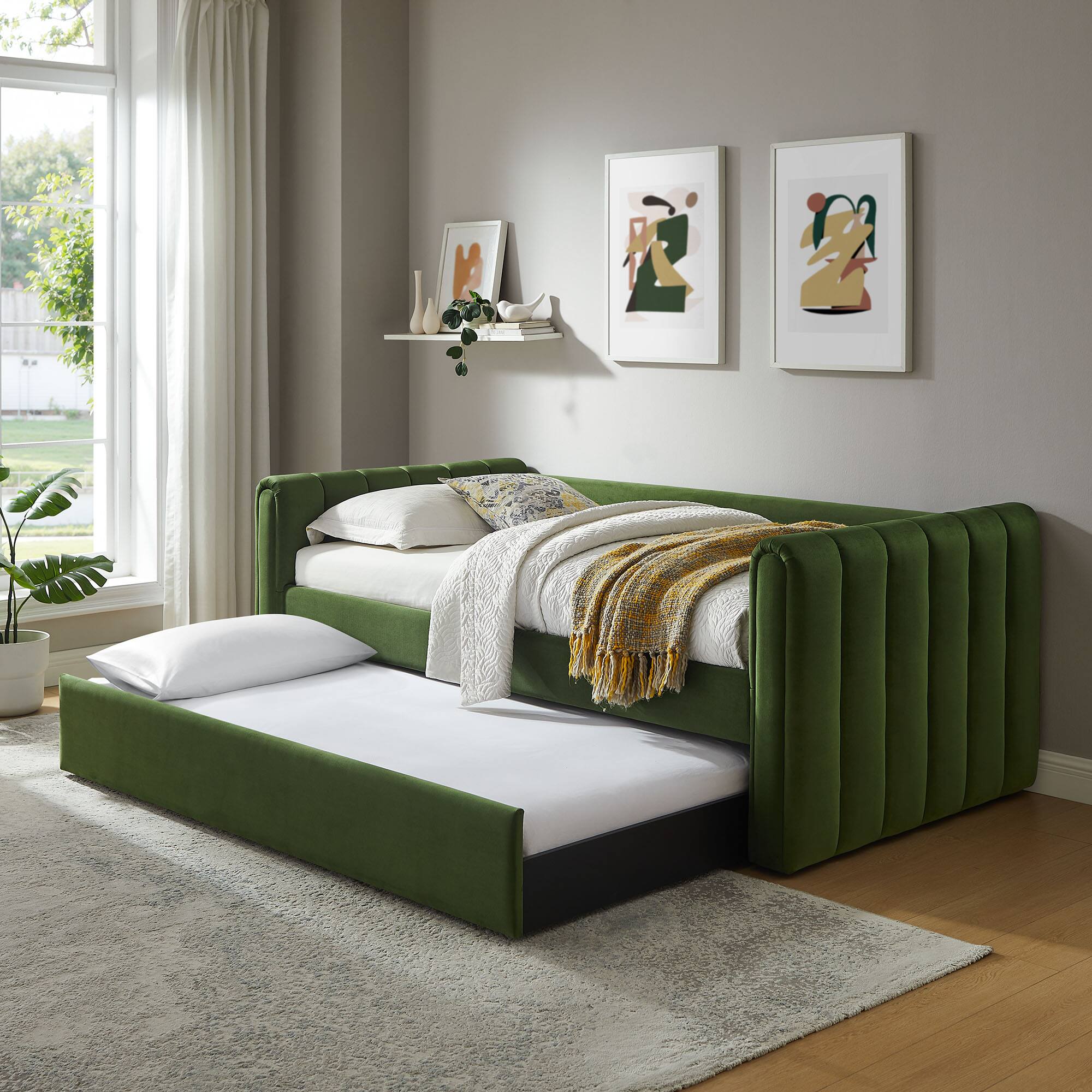 Front. Modway - Veyla Channel Tufted Performance Velvet Twin Daybed With Trundle by Modway - Moss Green.