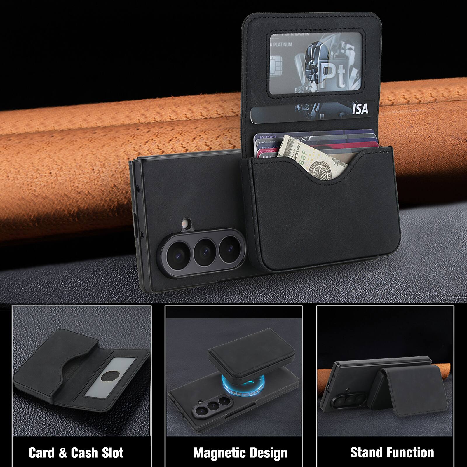 - PLATINUM Pt ISA 1002 CTIT CRECI NASEE NA K 88F EEE  
- Card & Cash Slot  
- Magnetic Design  
- Stand Function