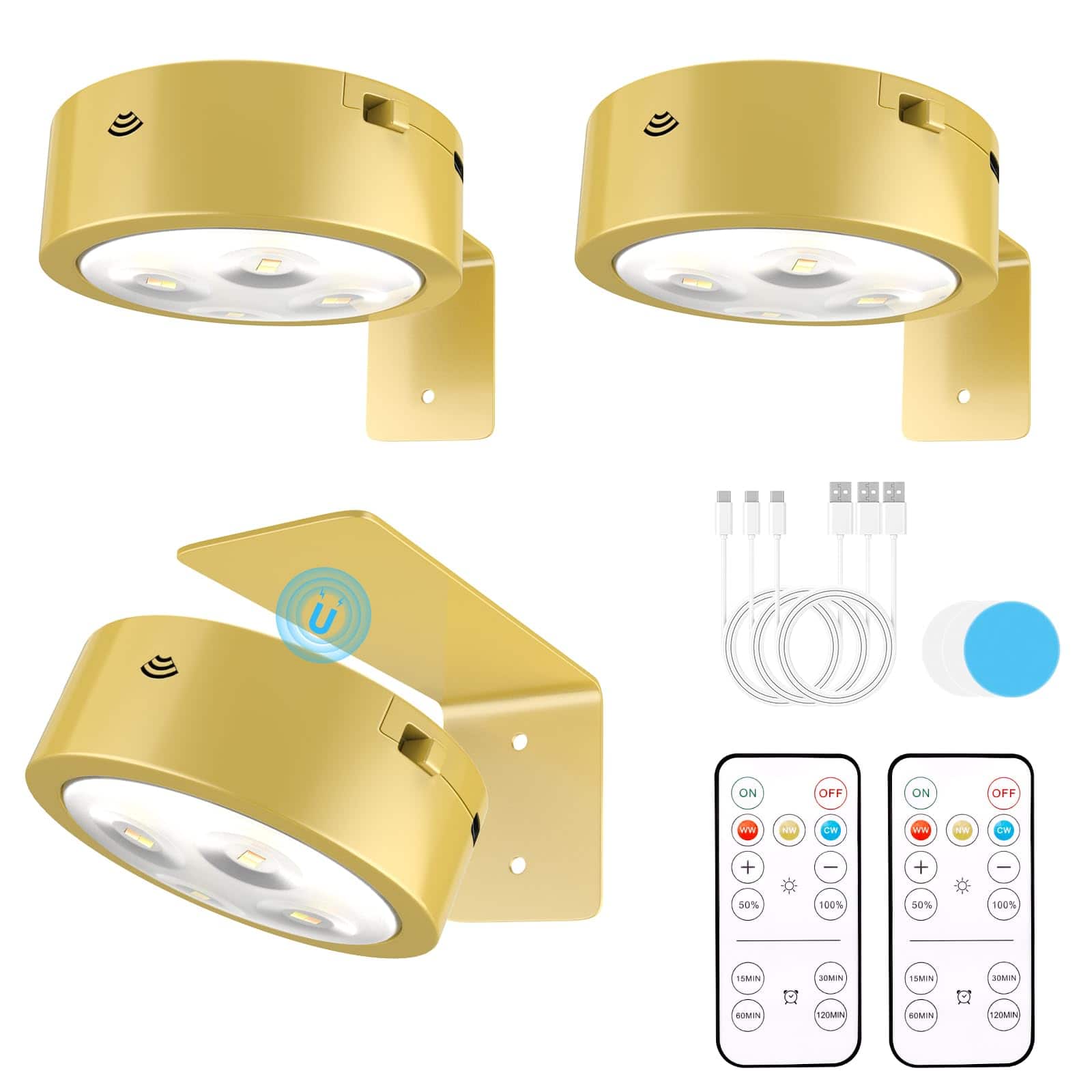Dazzling Pops - Picture Lights For Wall 13 Rgb Color Rechargeable Operated Frame With 3 Lighting Modes Wireless Magnetic - Golden 3 Pack
