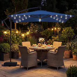Mondawe - 8x8 FT Solar LED Offset Cantilever Square Patio Umbrella 360 Rotation with Base - Navy