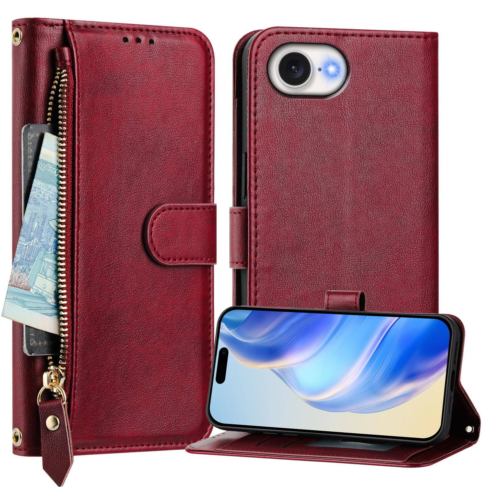 Angle. UUCOVER - Zipper Wallet Case for iPhone 17e / iPhone 16e Magnetic PU Leather Card Slots Stand Cover with Shoulder / Wrist Strap - Winered.
