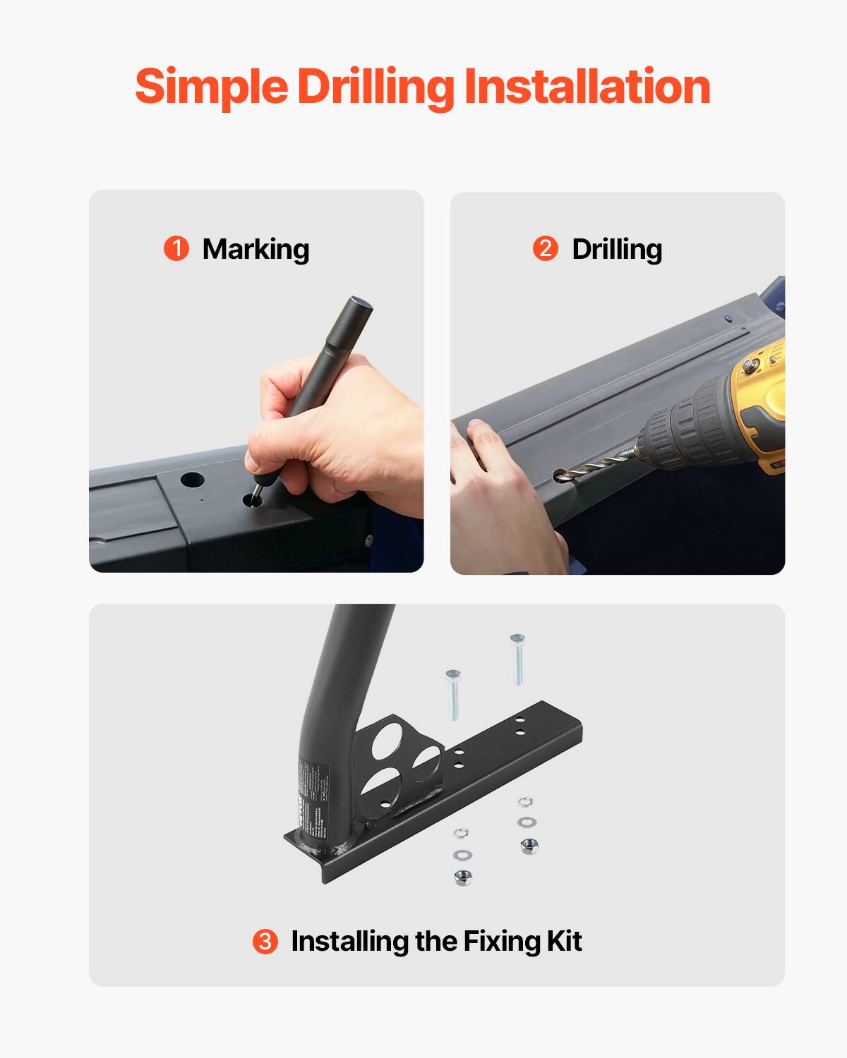 Simple Drilling Installation

1. Marking

2. Drilling

3. Installing the Fixing Kit
