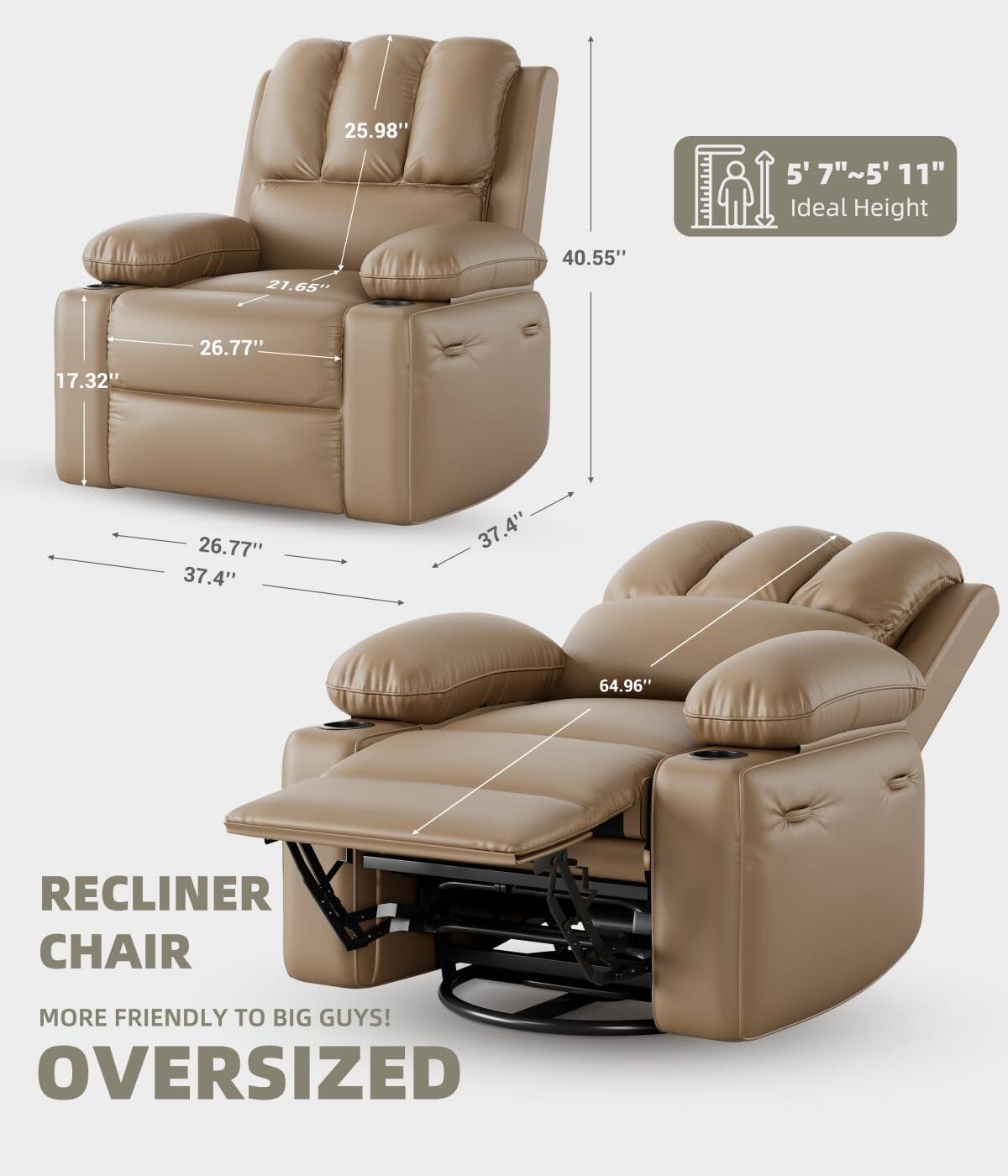 RECLINER CHAIR  
MORE FRIENDLY TO BIG GUYS!  
OVERSIZED  

5' 7" ~ 5' 11"  
Ideal Height  

25.98"  
40.55"  
17.32"  
26.77"  
26.77"  
37.4"  
37.4"  
64.96"