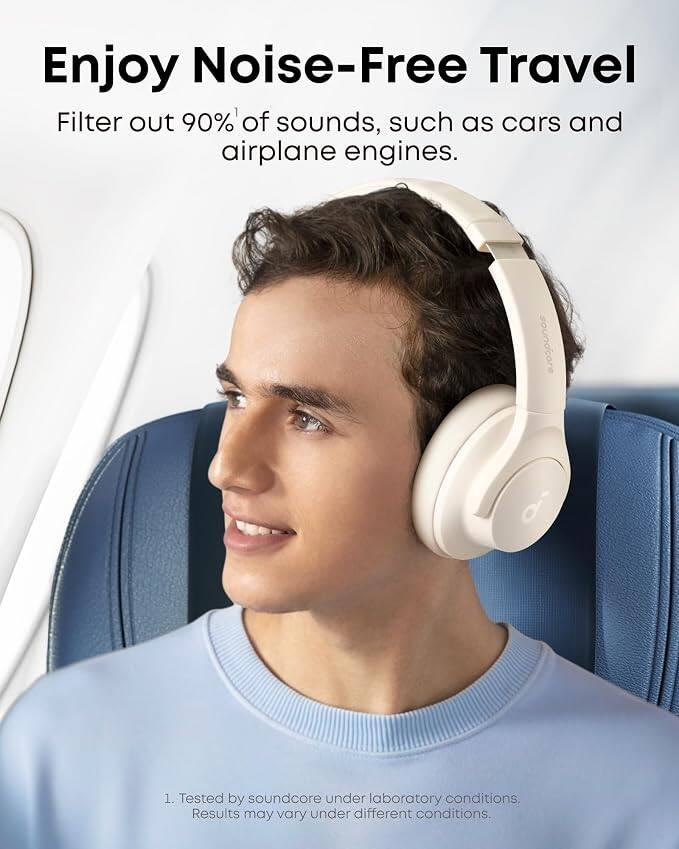 Enjoy Noise-Free Travel  
Filter out 90% of sounds, such as cars and airplane engines.  

soundcore 1  
Tested by soundcore under laboratory conditions.  
Results may vary under different conditions.
