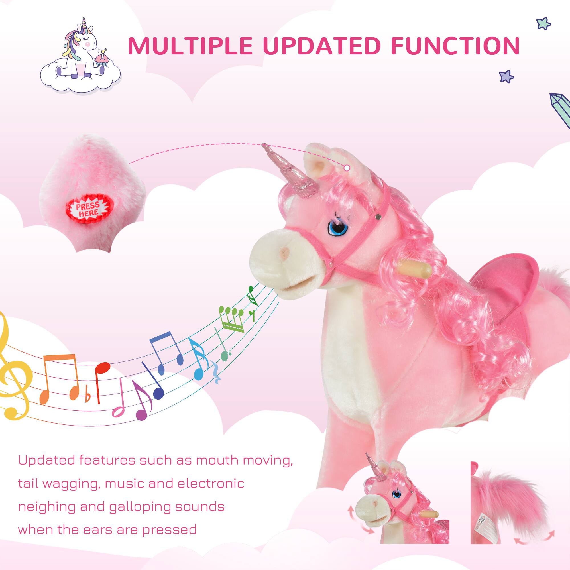 MULTIPLE UPDATED FUNCTION

Updated features such as mouth moving, tail wagging, music and electronic neighing and galloping sounds when the ears are pressed