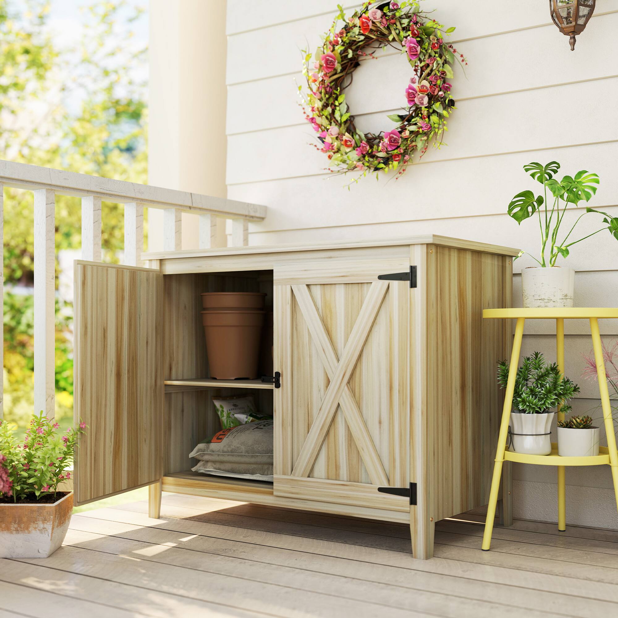 Alt View 1. Outsunny - Outdoor Storage Cabinet, Garden Shed Potting Shed with Shelf and Double Doors.