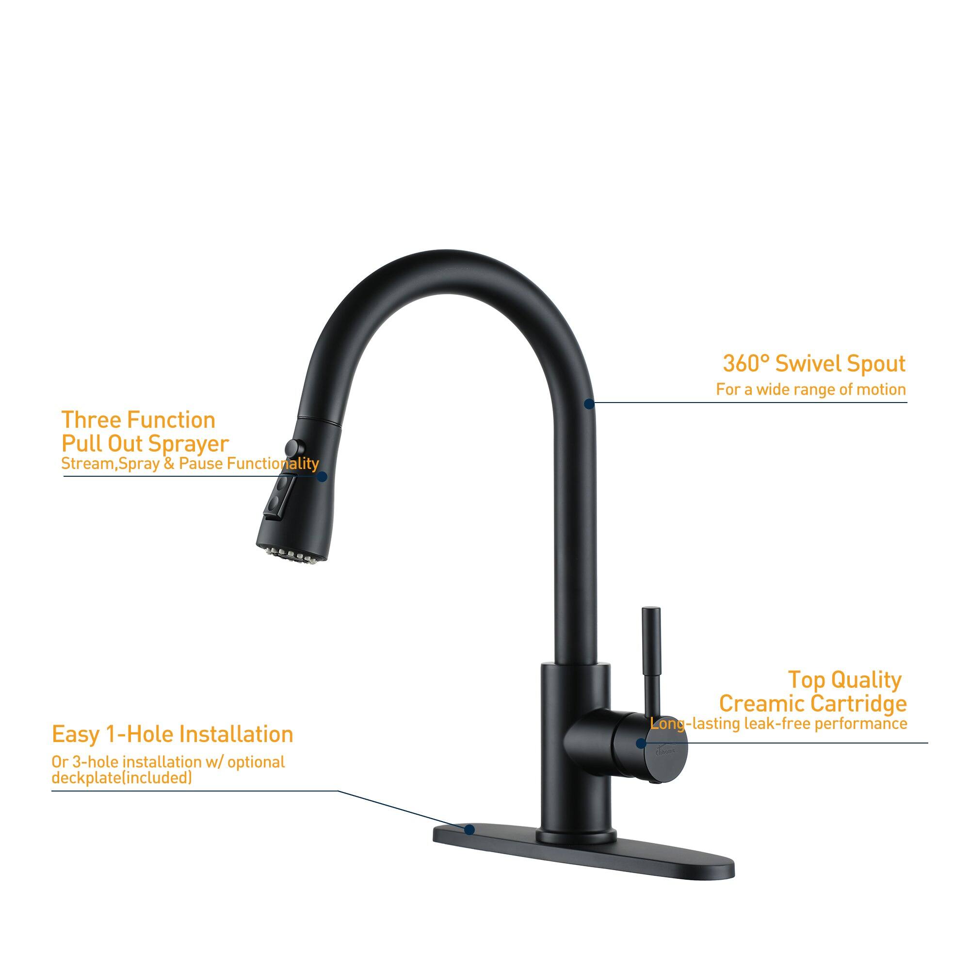 Three Function Pull Out Sprayer Stream, Spray & Pause Functionality
360° Swivel Spout For a wide range of motion
Easy 1-Hole Installation Or 3-hole installation w/ optional deckplate(included)
Top Quality Creamic Cartridge Long-lasting leak-free performance