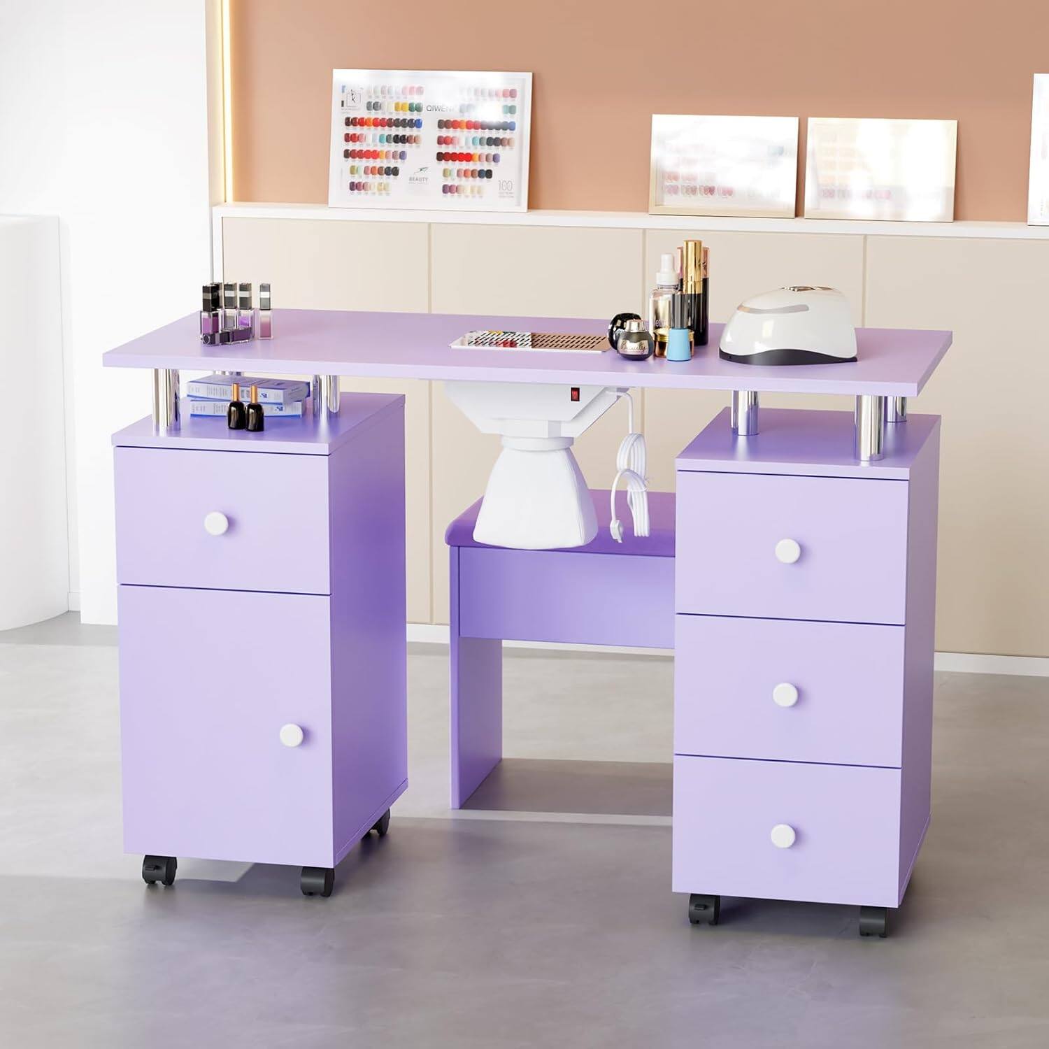 Alt View 3. Winado - Nail Desk and Chair Set, Manicure Table with Stool, Dust Collector, Arm Rest, Wheels, Drawers, Cabinet for Makeup Beauty - Purple.
