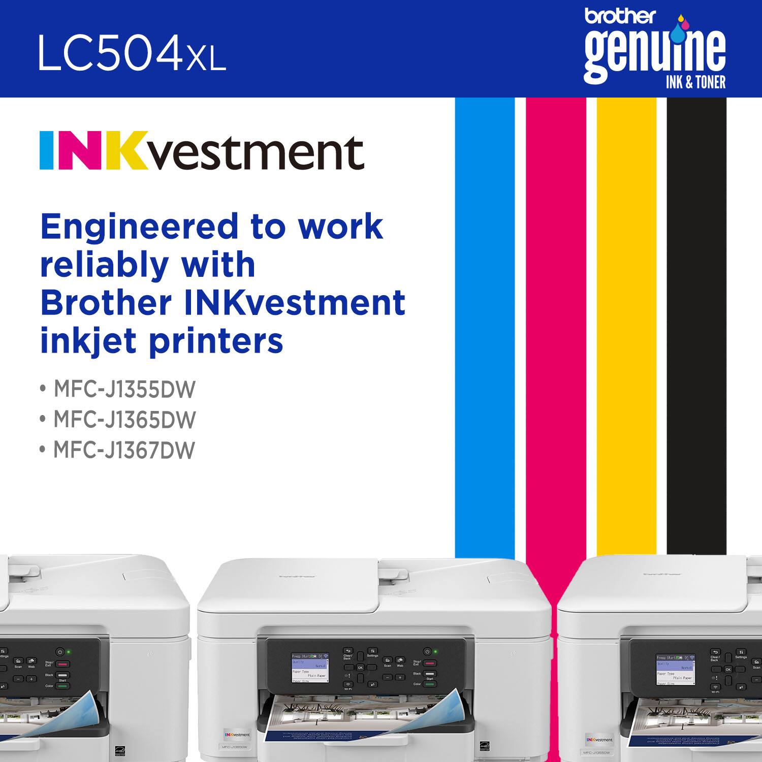 LC504XL, XL, brother genuine INK & TONER, NKvestment, Engineered to work reliably with Brother INKvestment inkjet printers, MFC-J1355DW, MFC-J1365DW, MFC-J1367DW