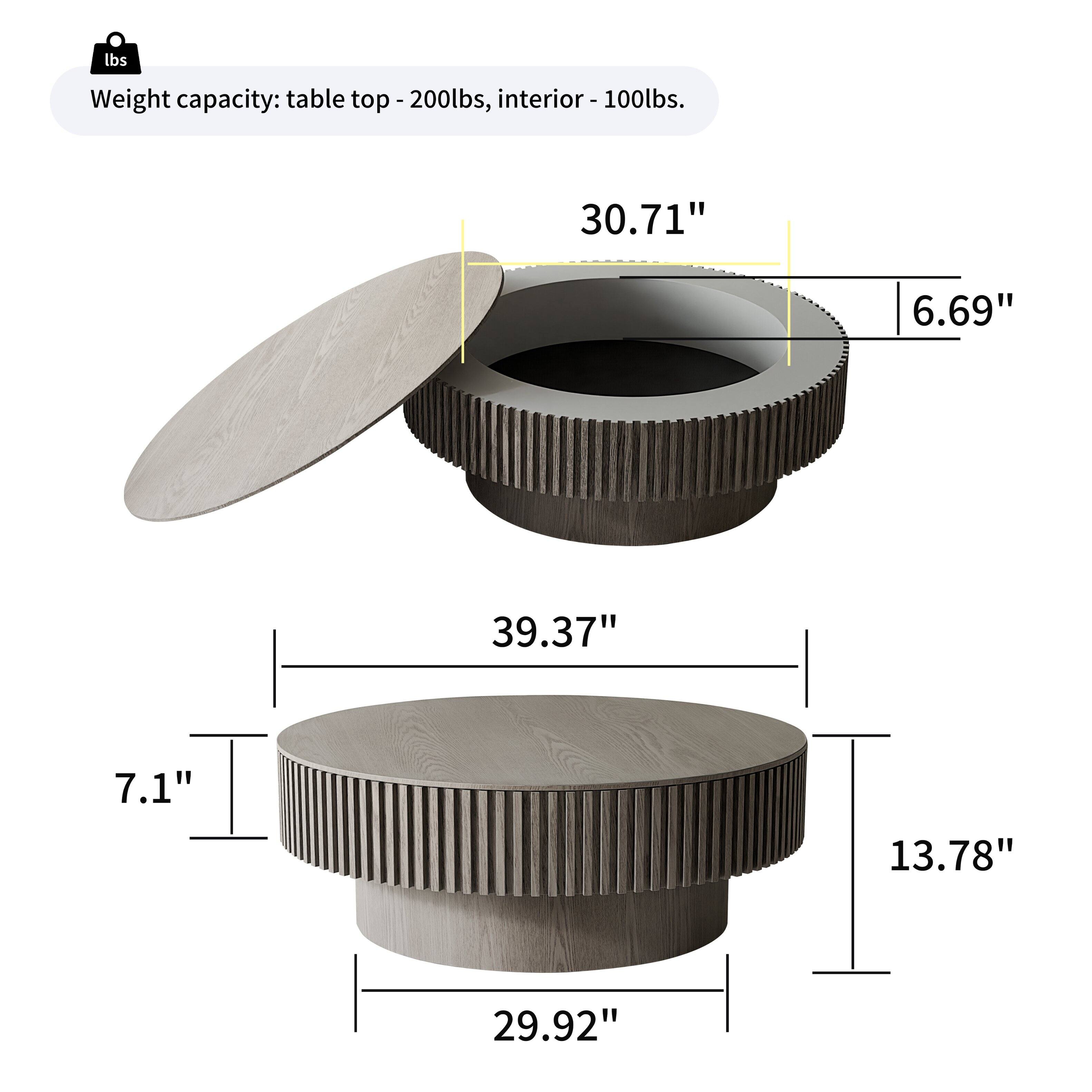 Weight capacity: table top - 200lbs, interior - 100lbs.  
30.71"  
6.69"  
39.37"  
7.1"  
13.78"  
29.92"