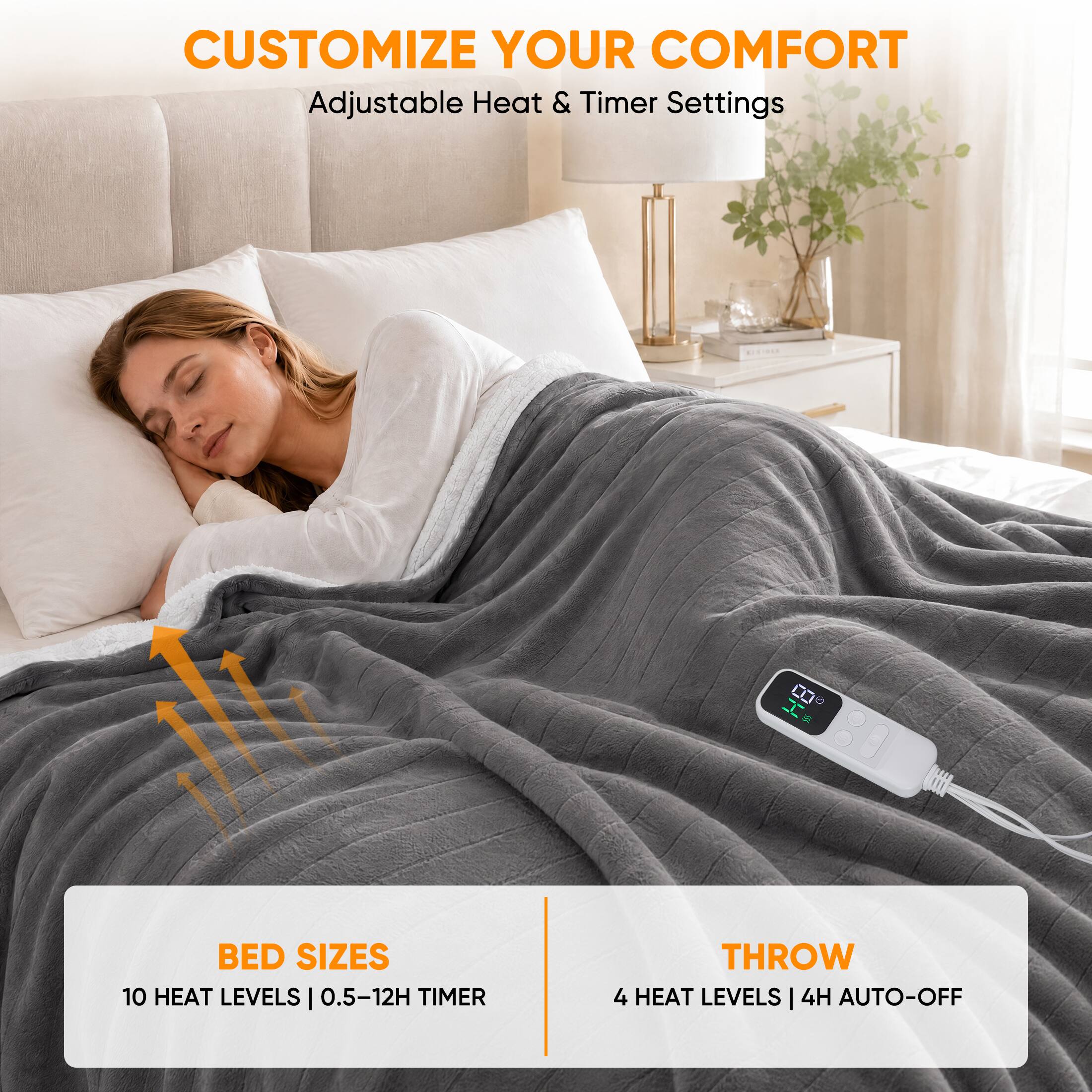 CUSTOMIZE YOUR COMFORT  
Adjustable Heat & Timer Settings

BED SIZES  
10 HEAT LEVELS | 0.5-12H TIMER

THROW  
4 HEAT LEVELS | 4H AUTO-OFF