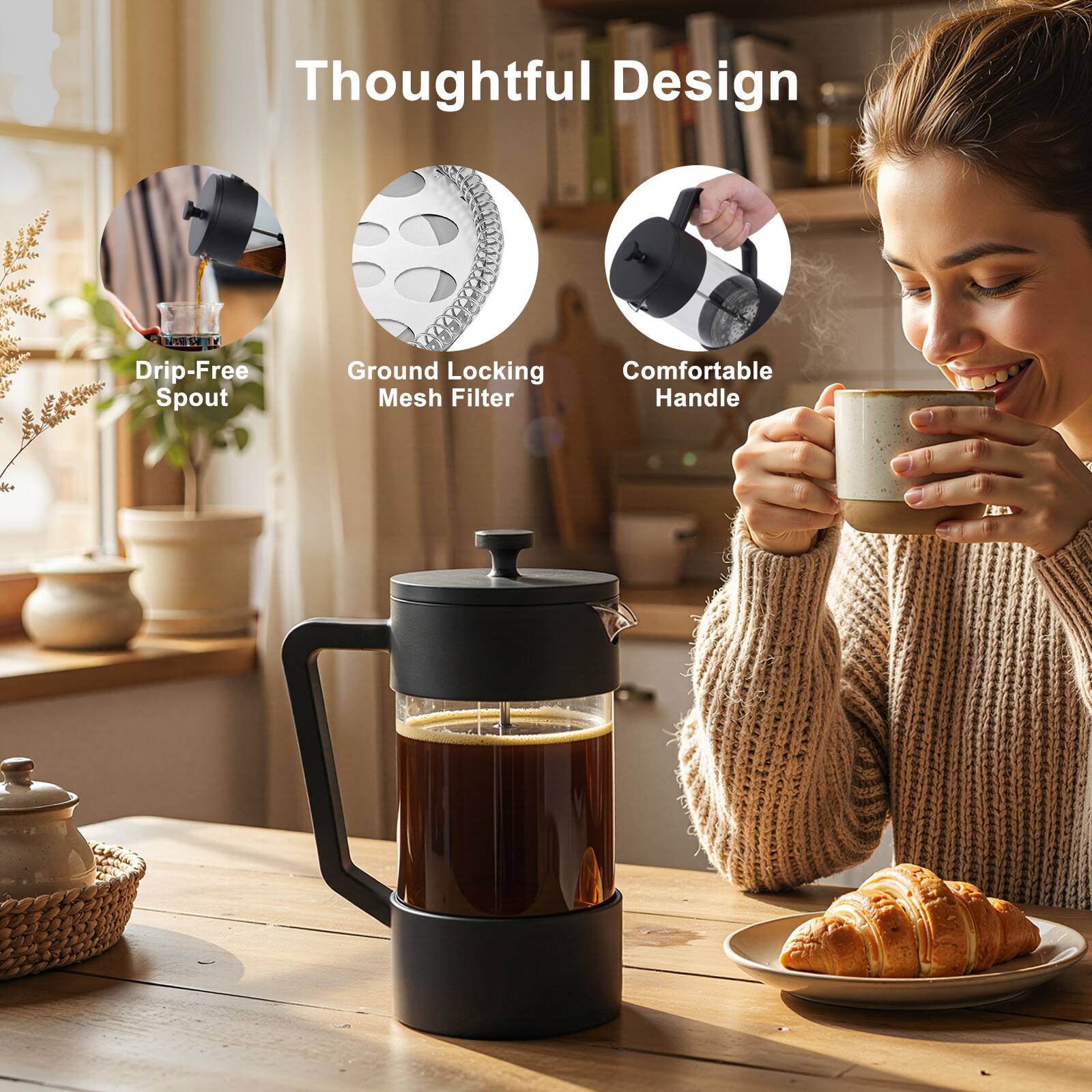 Thoughtful Design

- Drip-Free Spout
- Ground Locking Mesh Filter
- Comfortable Handle