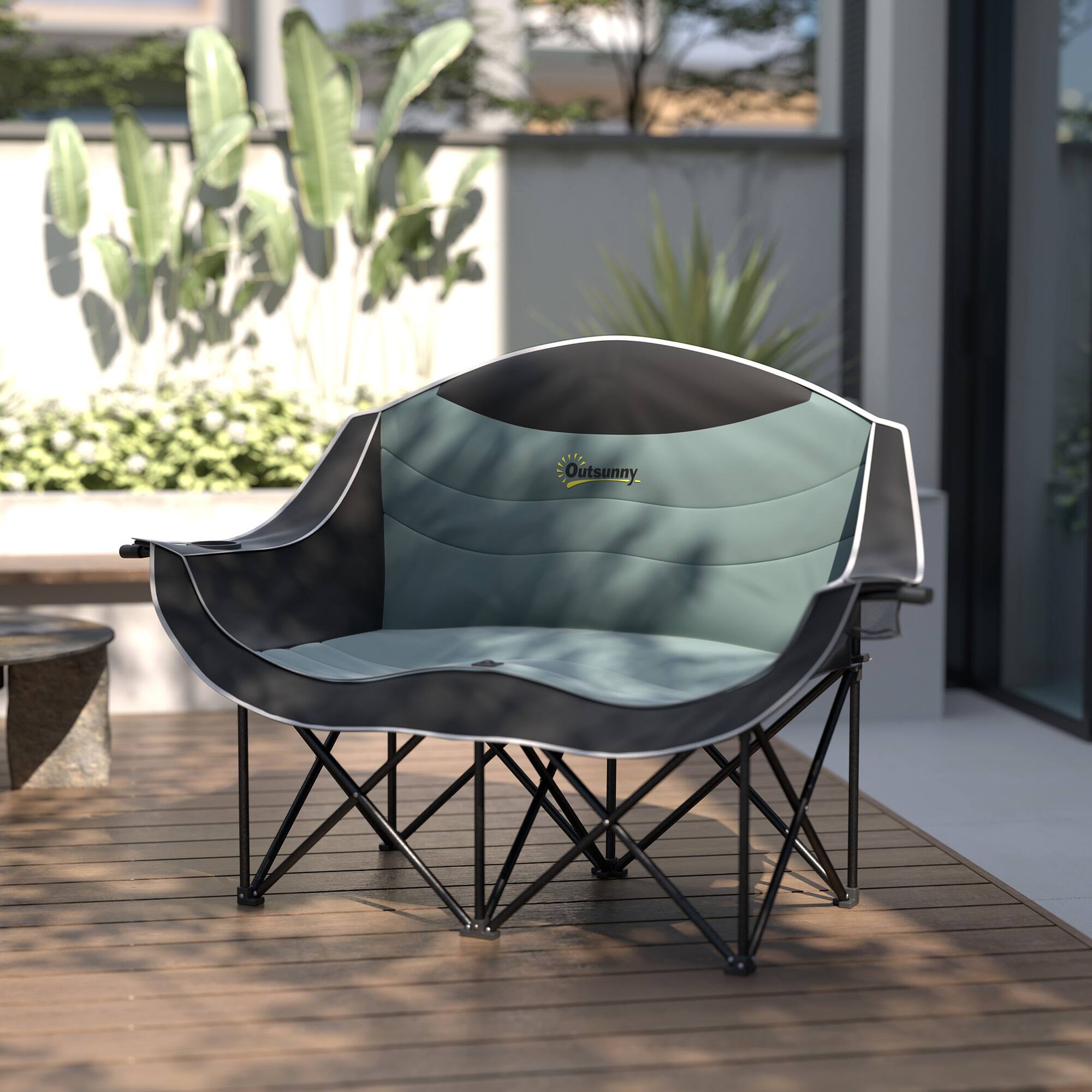 Alt View 8. Outsunny - Double Camping Chair for Adults, Padded Folding Camp Chair for 2 Person with Armrest, Wine Glass Holder, Cup Holder - Black.