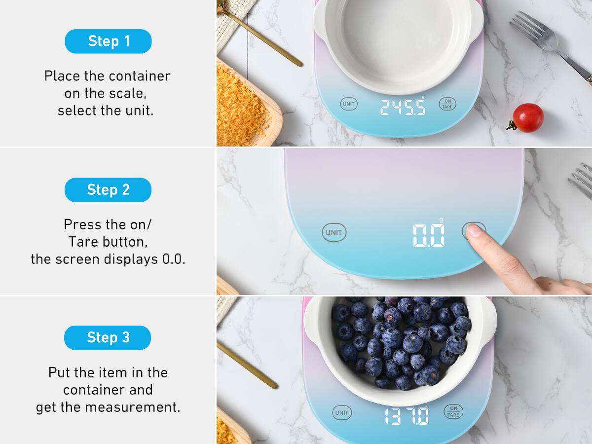 Step 1  
Place the container on the scale, select the unit.  
UNIT 2455 ON TARE  

Step 2  
Press the on/ Tare button, the screen displays 0.0.  
UNIT 9  

Step 3  
Put the item in the container and get the measurement.  
UNIT 1310 13 ON TARE
