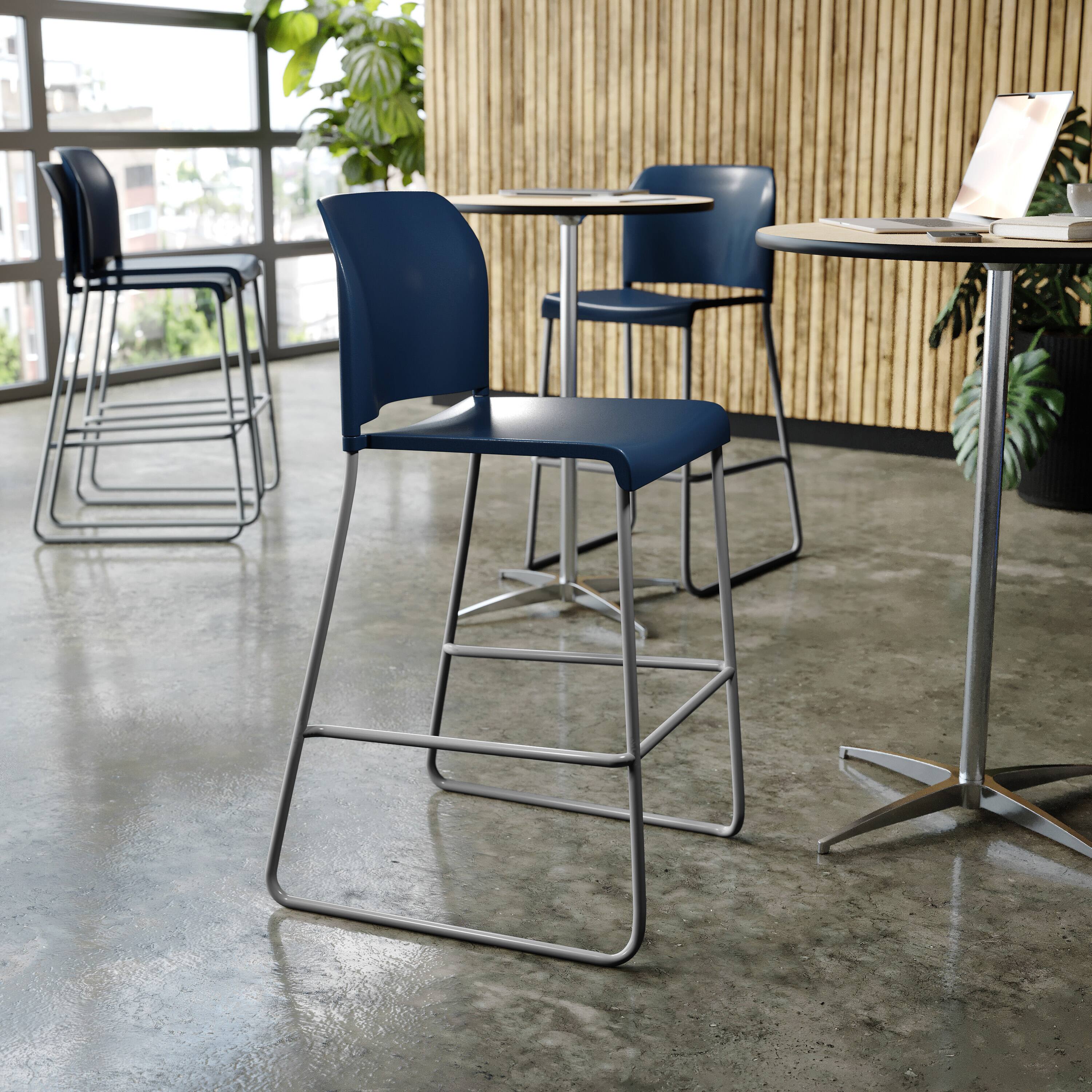 Alt View 5. Emma + Oliver - Calliope Set of 3 Stackable Office Reception Barstools with Chrome Sled Bases - Navy Plastic/Gray Frame.