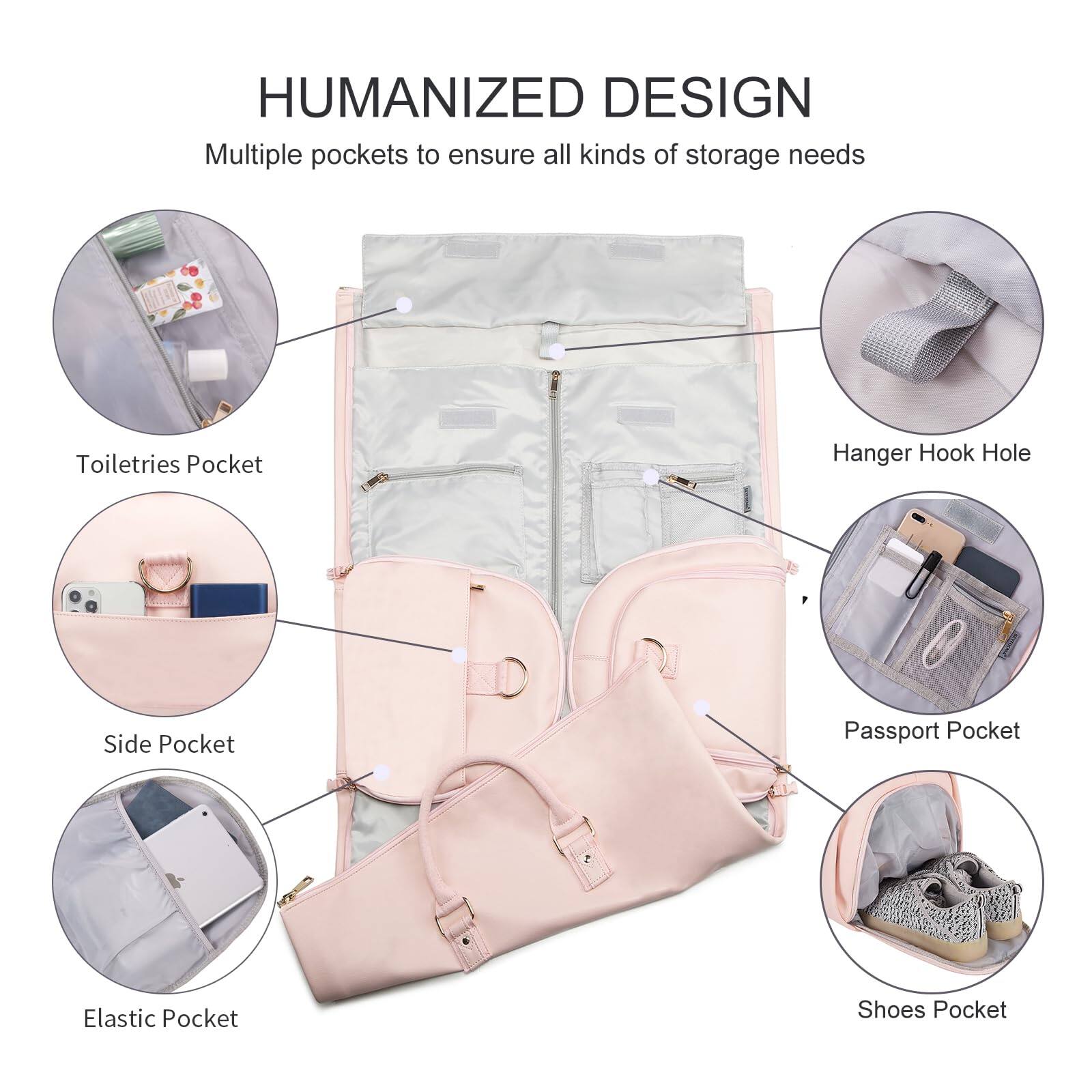HUMANIZED DESIGN  
Multiple pockets to ensure all kinds of storage needs

- Toiletries Pocket
- Hanger Hook Hole
- Side Pocket
- Passport Pocket
- Elastic Pocket
- Shoes Pocket