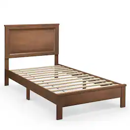 Costway - Twin Size Bed Frame Platform Slat High Headboard Bedroom Rubber Wood Leg - Walnut