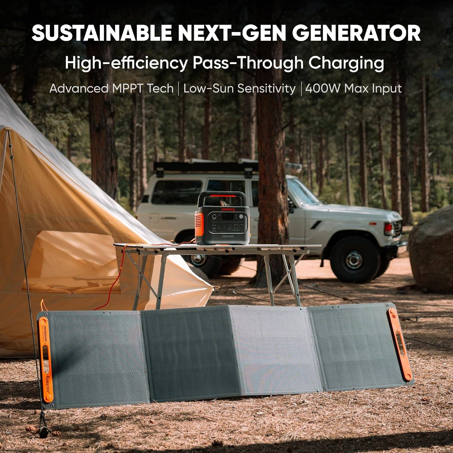 SUSTAINABLE NEXT-GEN GENERATOR  
High-efficiency Pass-Through Charging  
Advanced MPPT Tech | Low-Sun Sensitivity | 400W Max Input  
Jackery