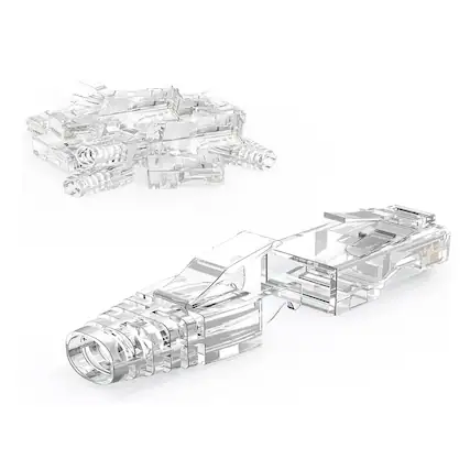 Front. ACJPR - RJ45 Connectors 100-Pack – Transparent, Cat6/Cat5, with Relief Boots.