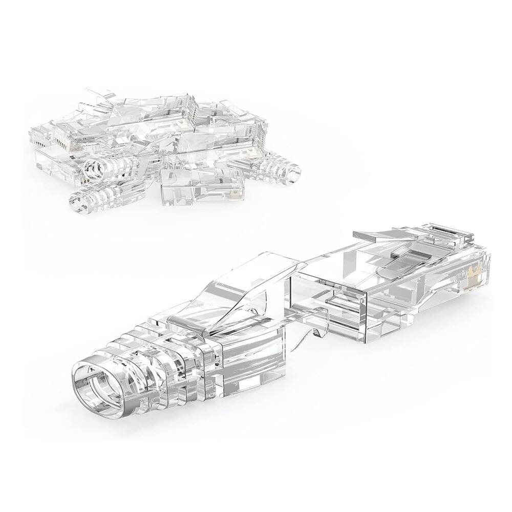 Front. ACJPR - RJ45 Connectors 100-Pack – Transparent, Cat6/Cat5, with Relief Boots.