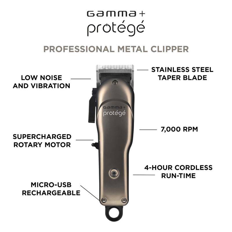 Gamma + protg PROFESSIONAL METAL CLIPPER LOW NOISE AND VIBRATION STAINLESS STEEL TAPER BLADE Gamma+ protg SUPERCHARGED ROTARY MOTOR 7,000 RPM MICRO-USB RECHARGEABLE 4-HOUR CORDLESS RUN-TIME