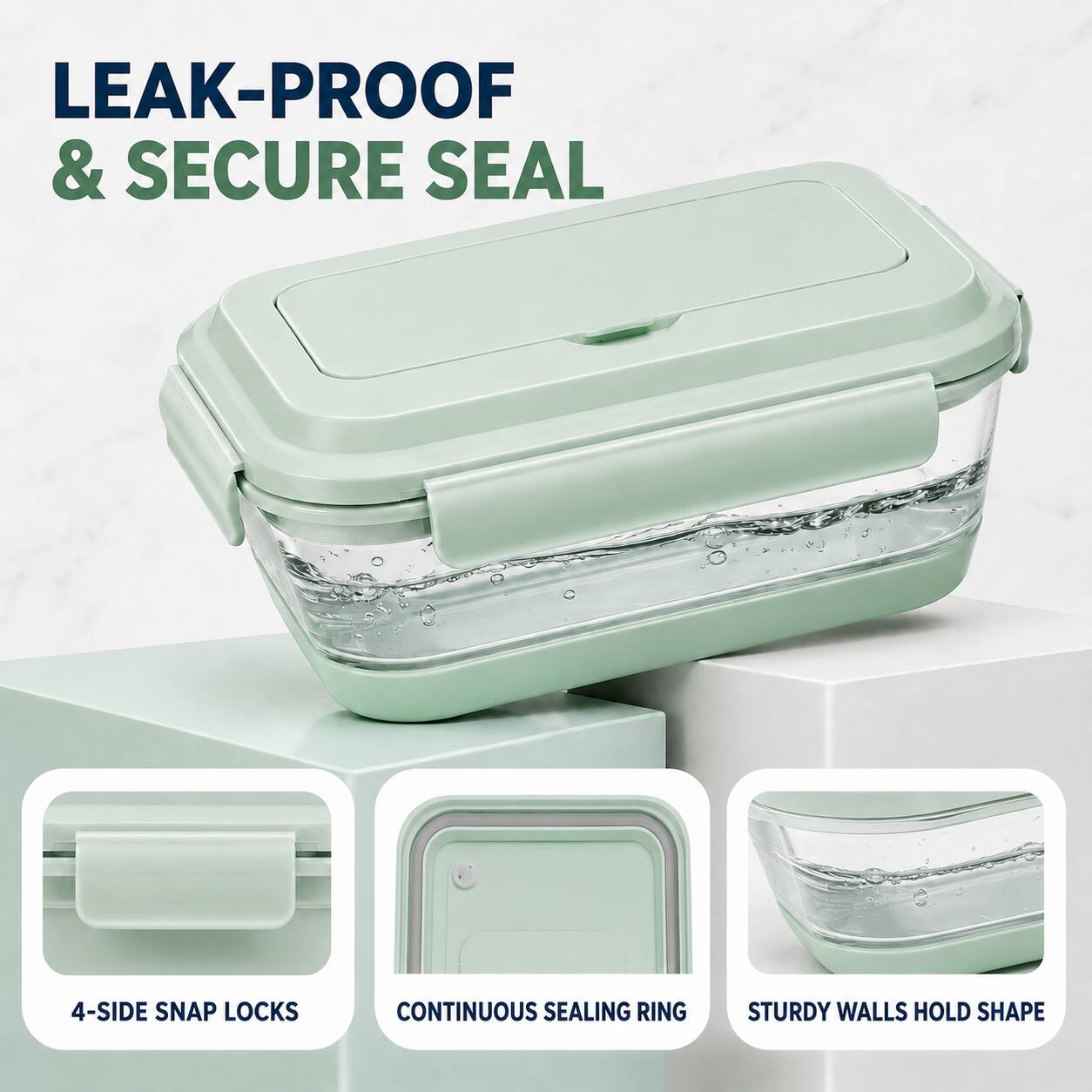 LEAK-PROOF & SECURE SEAL

4-SIDE SNAP LOCKS

CONTINUOUS SEALING RING

STURDY WALLS HOLD SHAPE