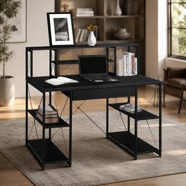 RYHNUYNE - Office Desk, 47.5 in Wide Wood Top, Open Shelves, Hutch, Drawer, Metal Sled Base, 8 Compartments - Black