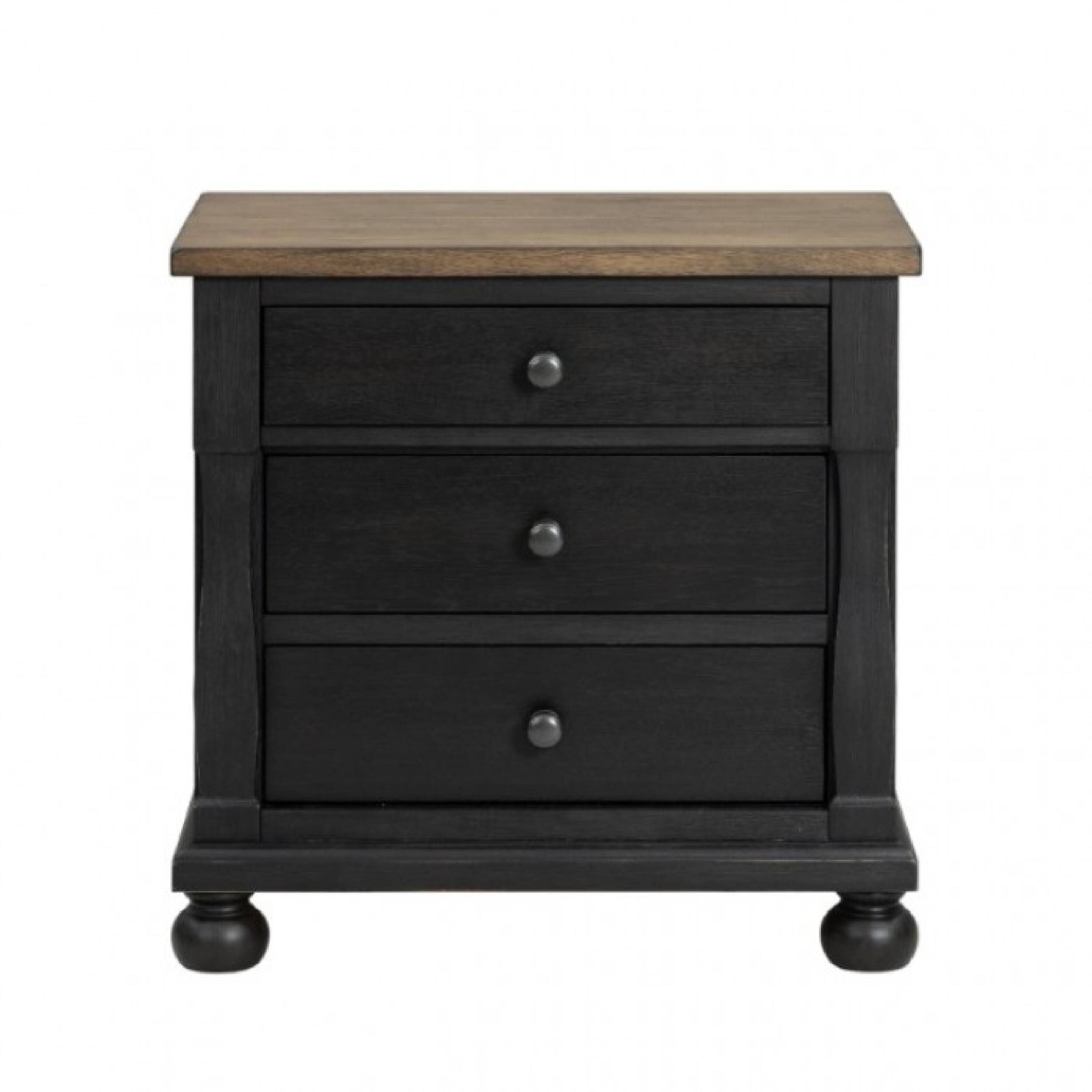 Angle. Manhattan Lane - Ginie Nightstand with 2 USB Ports, 3 Drawers, Rustic Oak - Black, Oak Brown, Pewter.